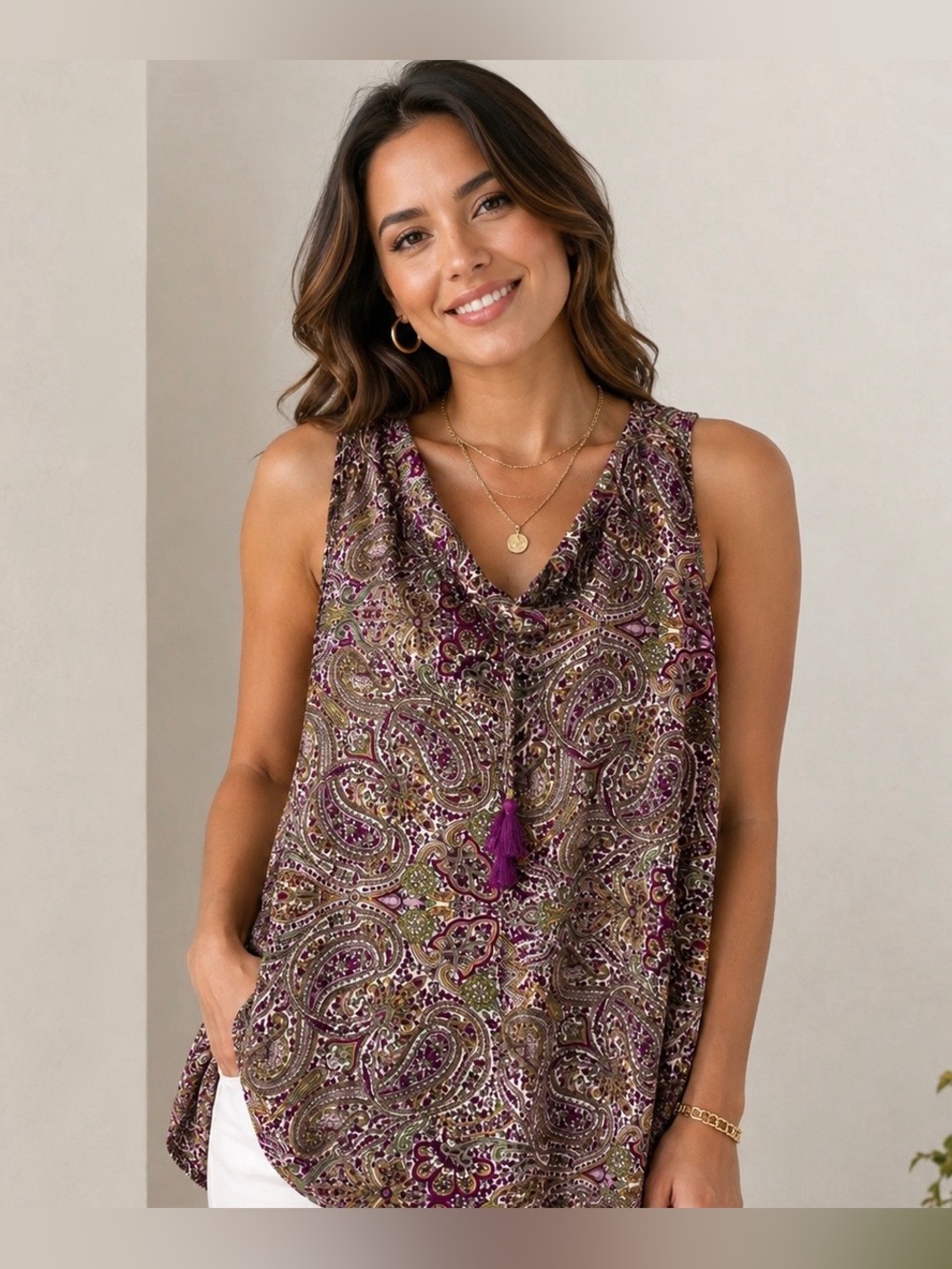 Guru for Life Paisley Sleeveless Blouse in Purple and Olive - SIZE M/L